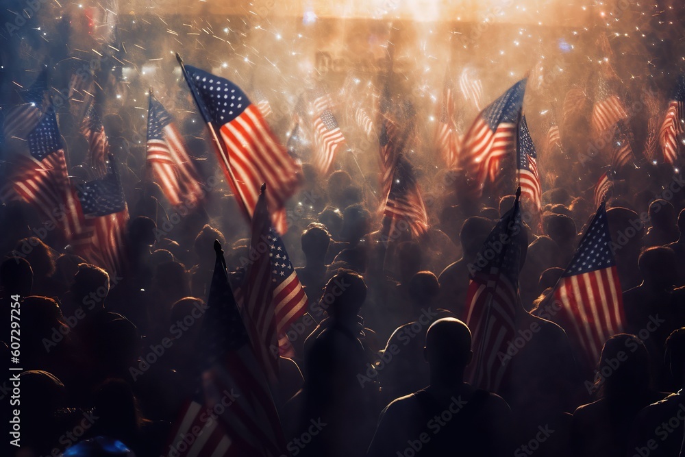 Image of crowd with American flags on fourth of july - obrazy, fototapety, plakaty 