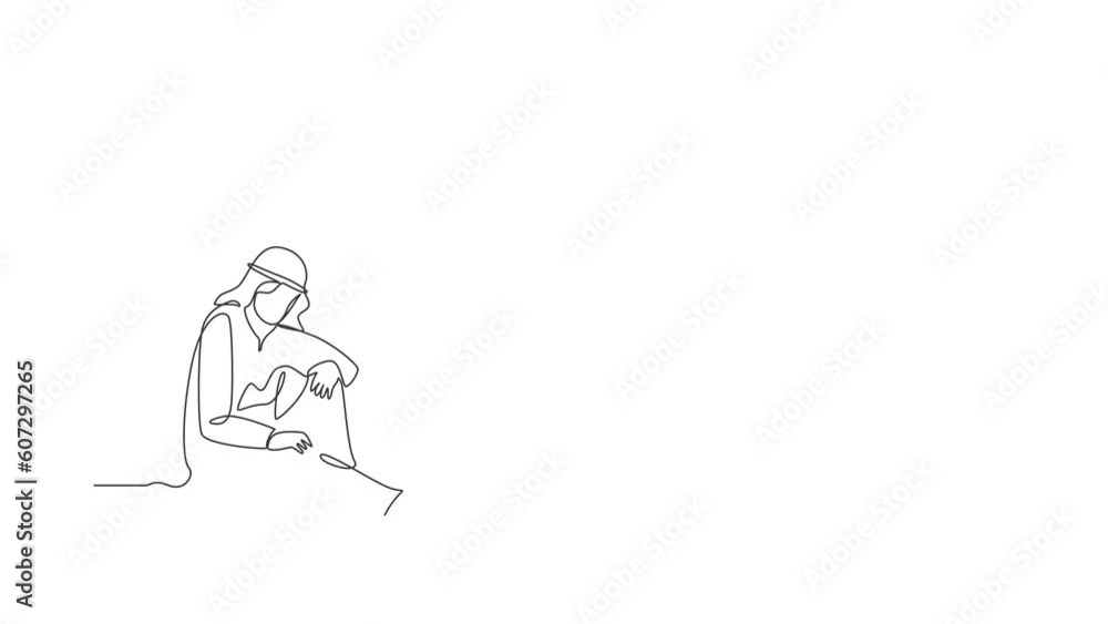 Self drawing animation of single line draw Arab businessman with briefcase sitting in despair. Entrepreneur sad expression. Professional burnout syndrome. Continuous line draw. Full length animated Self drawing animation of single line draw Arab businessman with briefcase sitting in despair. Entrepreneur sad expression. Professional burnout syndrome. Continuous line draw. Full length animated