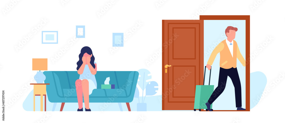 Man leaves unhappy crying woman. Guy with suitcase walking out door. Couple relationship divorce. Family destroying. Male and female quarrel. Mother and father breakup. Vector concept Man leaves unhappy crying woman. Guy with suitcase walking out door. Couple relationship divorce. Family destroying. Male and female quarrel. Mother and father breakup. Vector concept