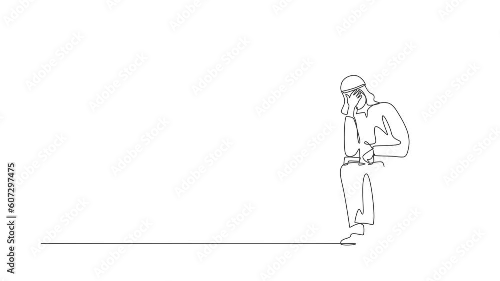 Self drawing animation of single one line draw sad Arab businessman sitting on chair thinking about finding money for paying bills. Financial problems. Continuous line draw. Full length animated Self drawing animation of single one line draw sad Arab businessman sitting on chair thinking about finding money for paying bills. Financial problems. Continuous line draw. Full length animated