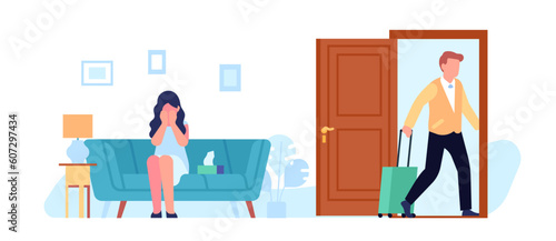 Man leaves unhappy crying woman. Guy with suitcase walking out door. Couple relationship divorce. Family destroying. Male and female quarrel. Mother and father breakup. Vector concept