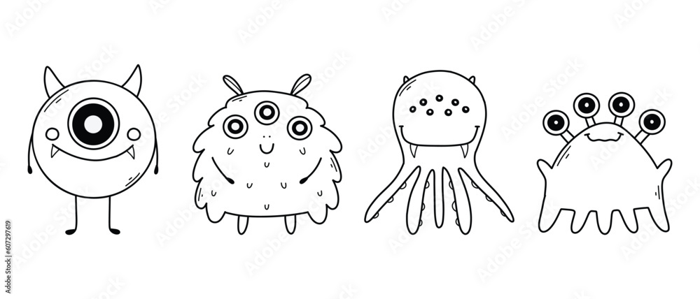 Obraz premium Set with cute monsters in doodle style. Linear children's monsters. Coloring book for children. vector illustration. Isolated mascot.