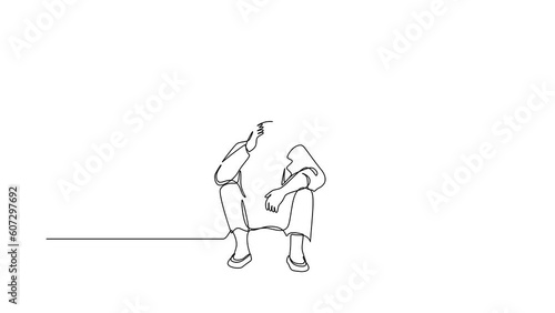 Self drawing animation of single one line draw businesswoman feeling sad, holding head, and sitting on the floor. Frustrated worker mental health problems. Continuous line draw. Full length animated