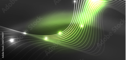 Shiny glowing neon wave. Neon light or laser show, electric impulse, power lines, techno quantum energy impulse, magic glowing dynamic lines