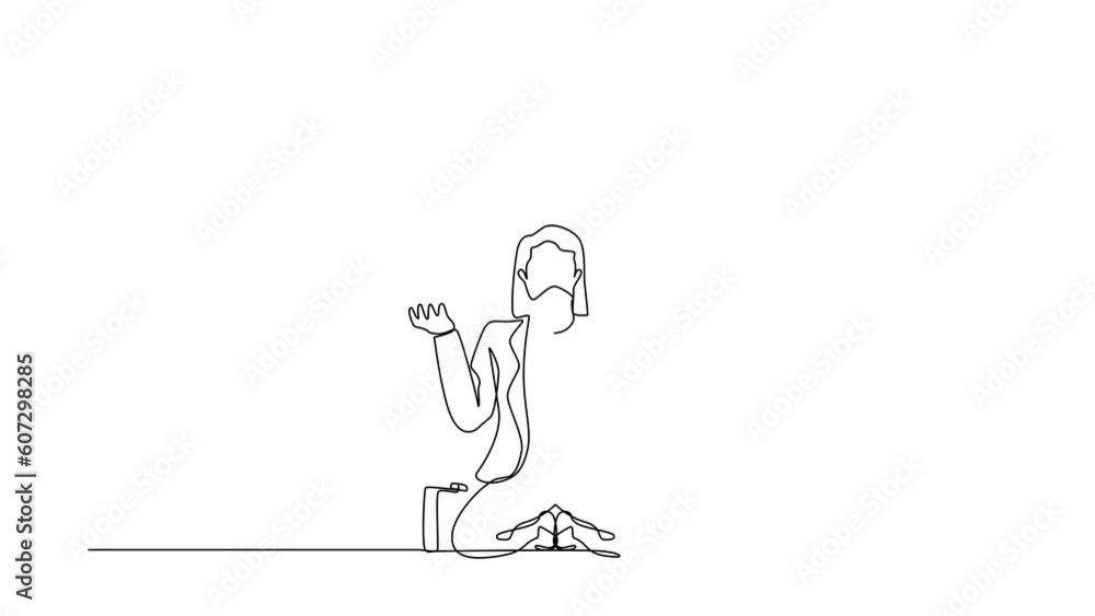 Animated self drawing of continuous one line draw businesswoman despair suffer grief. Manager sad gesture. Professional burnout syndrome. Depression disorder, sorrow. Full length single line animation Animated self drawing of continuous one line draw businesswoman despair suffer grief. Manager sad gesture. Professional burnout syndrome. Depression disorder, sorrow. Full length single line animation
