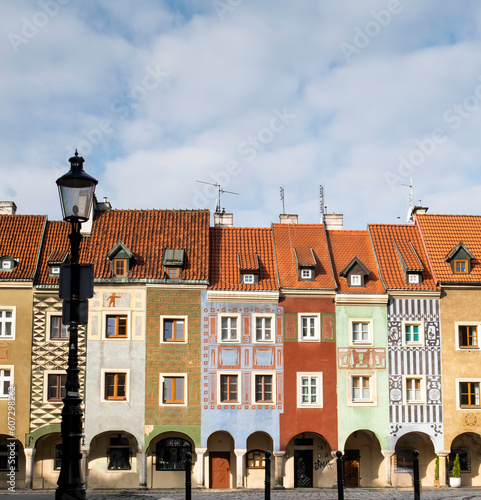 Merchant houses in the Poznan Old Market Square at sunrise, Poland.