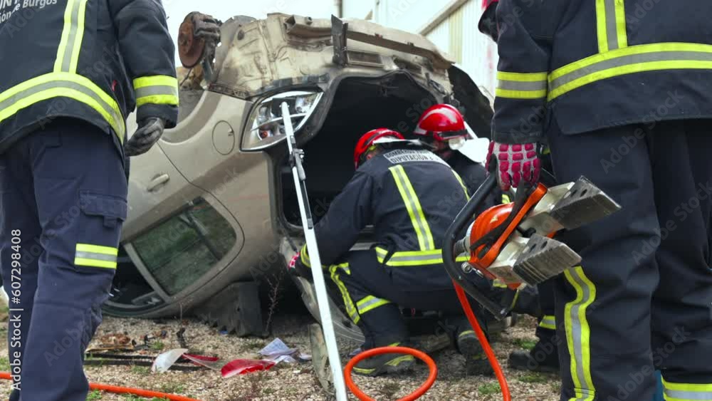Auto Rescue Firefighters using hydraulic tools during a rescue operation training ...