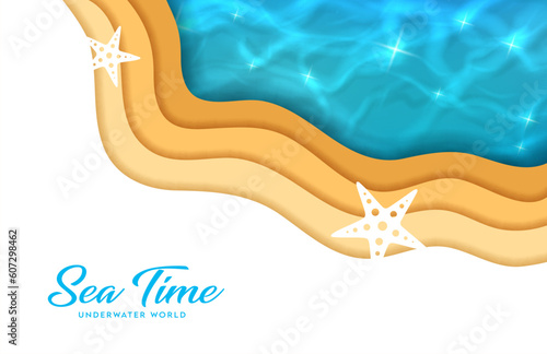 Sea wave paper cut banner, beach with starfish on sand, vector papercut background. Sea or ocean underwater world, undersea adventure banner with paper cutout layers of beach sand and water waves