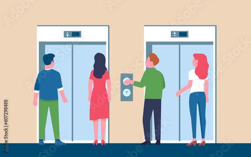 Men and women waiting for elevator. People standing together in front of closed sliding doors. Male and female in office lobby. Building hallway. Guy pressing lift buttons. Vector concept