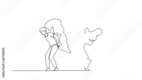 Self drawing animation of single line draw broken heart carried by man woman. Divorce heartache. Family conflict. Break up relationship. Married couple sad. Continuous line draw. Full length animated