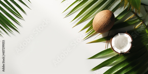 Template with coconuts and tropical palm leaves, overlay shadow. Summer vacation, resort concept. Tropical mockup, natural background, banner with place for text. Flat lay, top view.Generative ai.