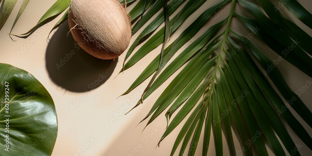Template with coconuts and tropical palm leaves, overlay shadow. Summer vacation, resort concept. Tropical mockup, natural background, banner with place for text. Flat lay, top view.Generative ai. Template with coconuts and tropical palm leaves, overlay shadow. Summer vacation, resort concept. Tropical mockup, natural background, banner with place for text. Flat lay, top view.Generative ai.