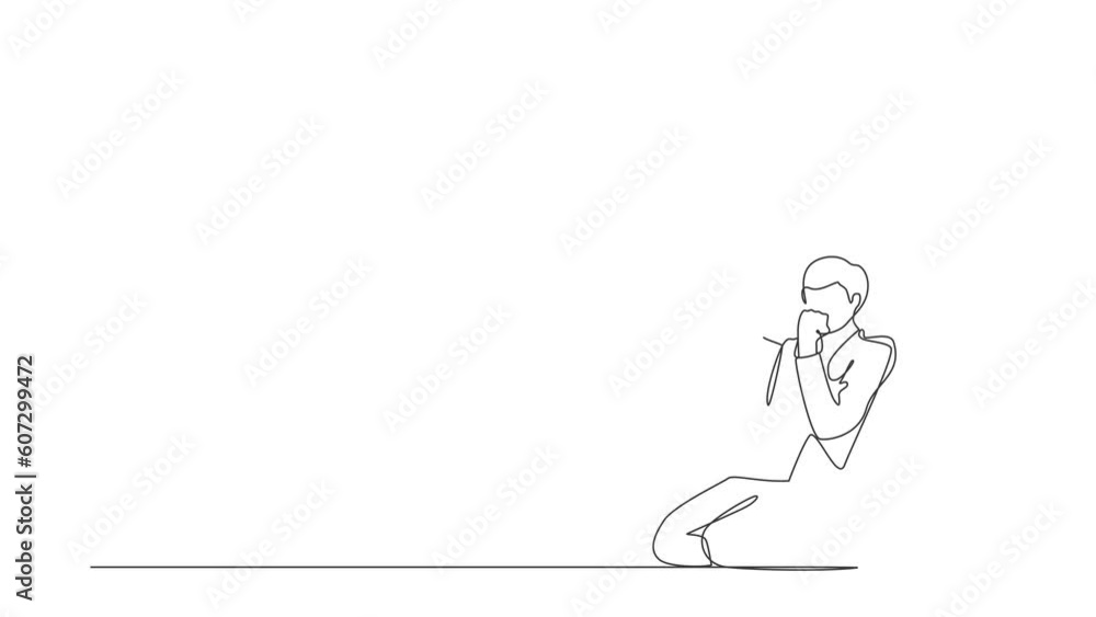 Animated self drawing of continuous line draw happy businessman kneeling with gesture of both hands yes. Salesman celebrates salary increase and benefits from company. Full length one line animation Animated self drawing of continuous line draw happy businessman kneeling with gesture of both hands yes. Salesman celebrates salary increase and benefits from company. Full length one line animation