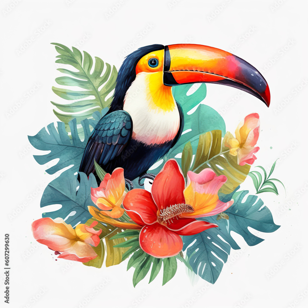 Fototapeta premium Toucan with tropical flowers on white background Watercolor illustration Generative AI