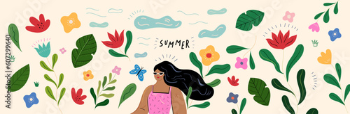 Summer banner with woman and flowers