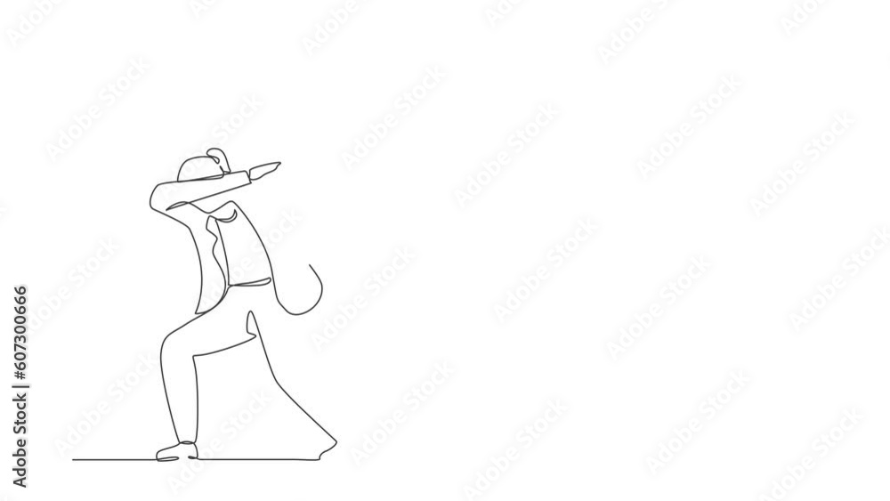 Animated self drawing of continuous one line draw happy businesswoman standing with crossing arms and look down. Saleswoman celebrates salary increase from company. Full length single line animation Animated self drawing of continuous one line draw happy businesswoman standing with crossing arms and look down. Saleswoman celebrates salary increase from company. Full length single line animation