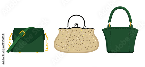 Set of three women's handbags beige and green. Flat style. 
