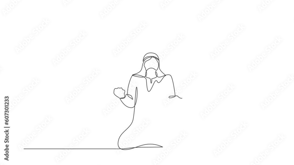 Animated self drawing of continuous one line draw Arab businessman kneeling with both hands do gesture yes. Manager celebrating success of increasing company product. Full length single line animation Animated self drawing of continuous one line draw Arab businessman kneeling with both hands do gesture yes. Manager celebrating success of increasing company product. Full length single line animation
