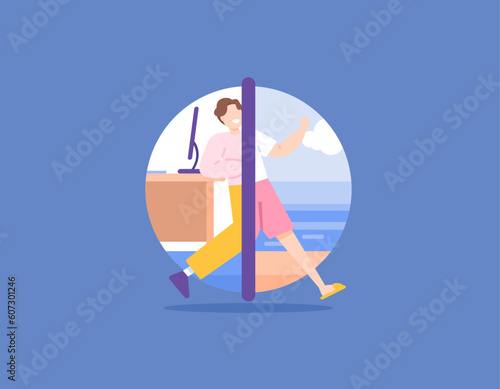 get rid of stress because of work by going on vacation. holiday time. go on vacation to relax. a worker or employee who is happy because he is going on vacation to the beach. illustration concept