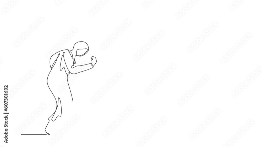 Self drawing animation of single line draw Arab businesswoman bow and do the gesture yes. Office worker celebrate success of company project. Successful victory. Continuous line. Full length animated Self drawing animation of single line draw Arab businesswoman bow and do the gesture yes. Office worker celebrate success of company project. Successful victory. Continuous line. Full length animated