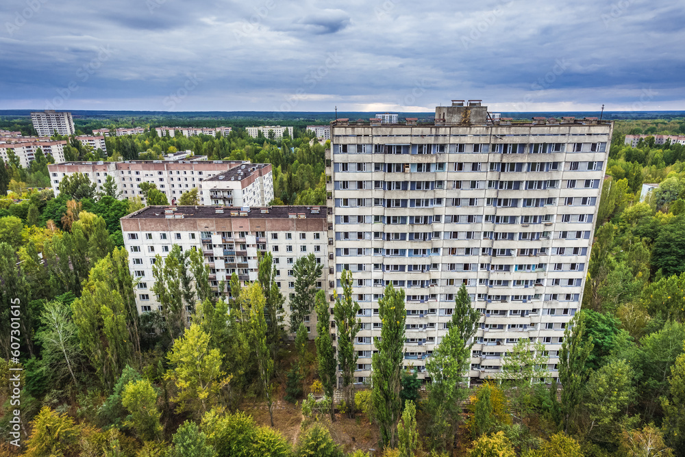 View from the roof of 16-stored apartment building in Pripyat abandoned city in Chernobyl Exclusion Zone, Ukraine