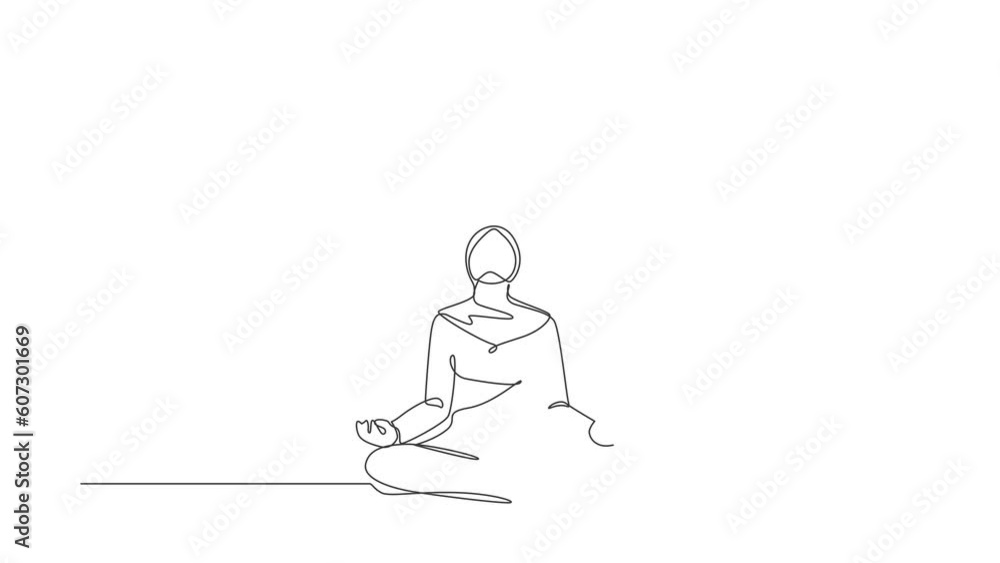 Animated self drawing of continuous line draw Arabian businesswoman doing yoga. Office worker sitting in yoga pose, meditation, relaxing, calm down and manage stress. Full length single line animation Animated self drawing of continuous line draw Arabian businesswoman doing yoga. Office worker sitting in yoga pose, meditation, relaxing, calm down and manage stress. Full length single line animation