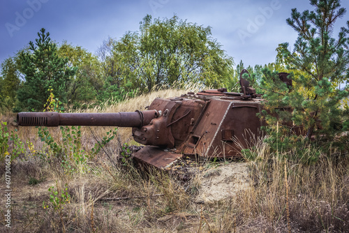 Abandoned ISU-152 Soviet self-propelled gun in Chernobyl Exclusion Zone, Ukraine photo