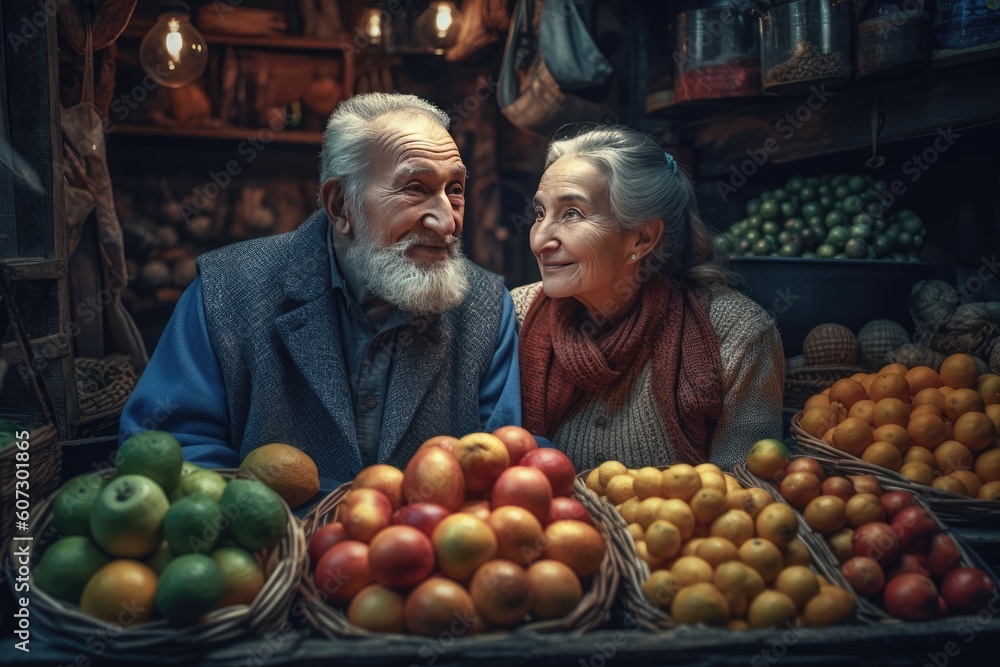 Proper Nutrition. Giving up bad habits, health, a strong body, Older age to be happy and cheerful and cheerful, Senior couple, old seniority, Healthy eating, fruits and vegetables.