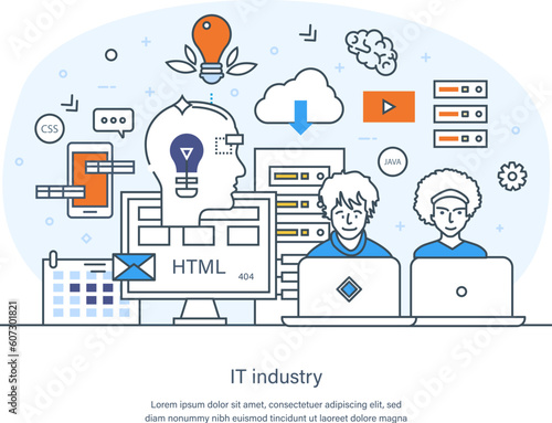 IT software industry, modern innovative information technologies concept. Information artificial intelligence industrial technology. Smart factory integration thin line design of vector doodles