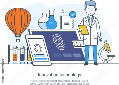 Innovation technology. Learning process, creativity, innovation, artificial intelligence. Innovation systems, development technologies and intuitive thinking thin line design of vector doodles
