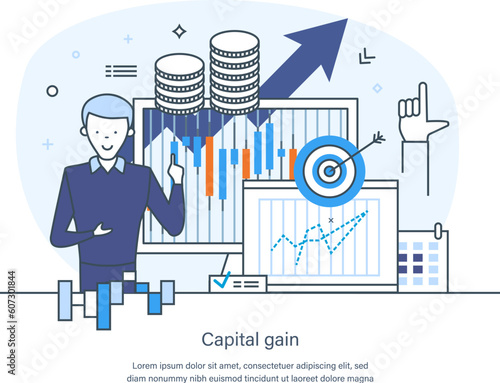 Capital gain profit, sale of property or investment concept. Passive, portfolio income, savings, salary and profits, royalties from investments, gambling thin line design of vector doodles