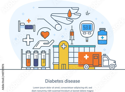 Diabetes chronical endocrine disease, high blood sugar level. Diabetes information, causes, symptoms or manifestations of disease. Medical assistance and healthcare thin line design of vector doodles