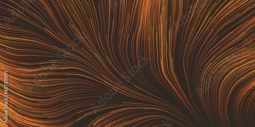 Orange and Brown Moving, Flowing Stream of Particles in Curving, Wavy Lines - Digitally Generated Futuristic Abstract 3D Geometric Striped Background Design, Generative Art in Editable Vector Format