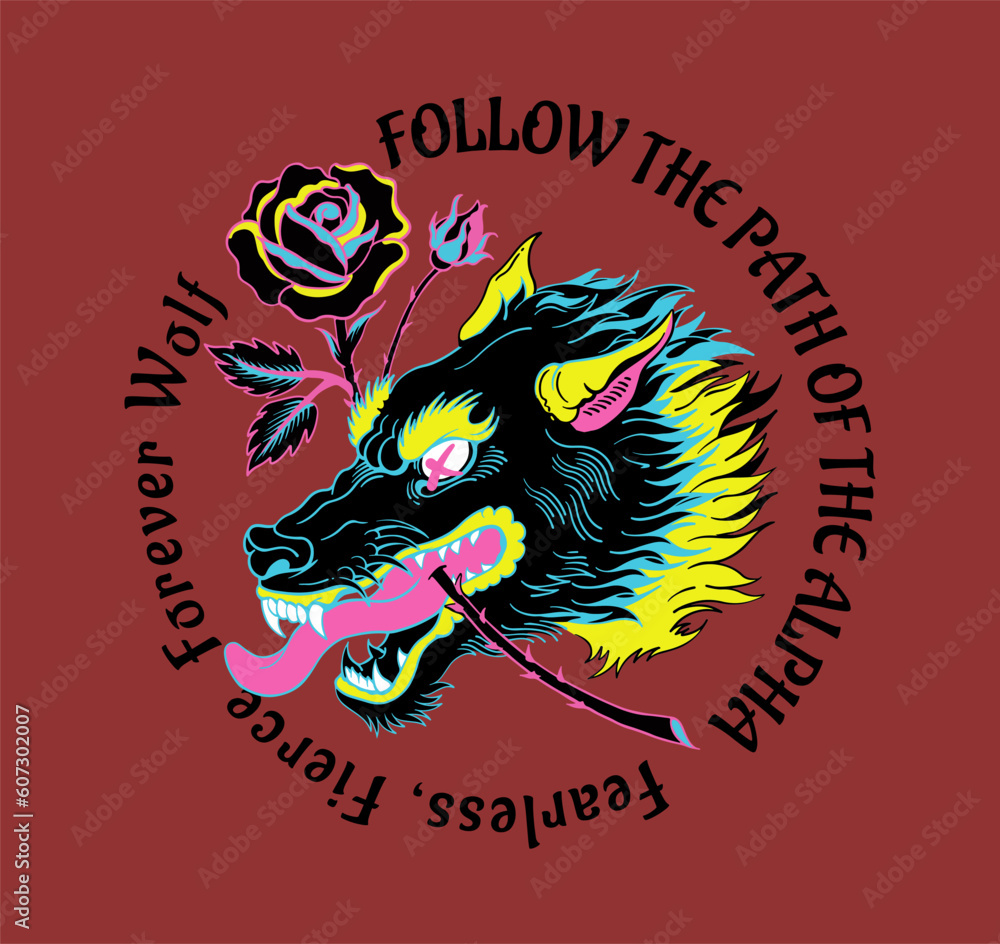t shirt print design featuring old school style wolf head with rose illustration with wording and slogan