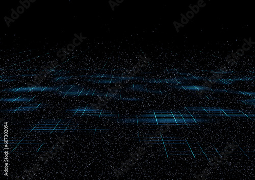 Perspective Grid. Abstract background shining blue floor ground particles