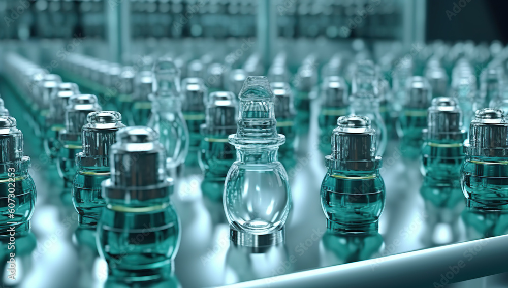 Glass medical ampoules on a conveyor belt. 3D rendering Generative AI Glass medical ampoules on a conveyor belt. 3D rendering Generative AI