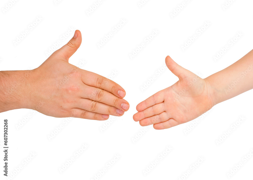 The child and his father stretch out their hands to each other isolated on a white background. hand of the child in a man's hand. hand in hand adult and child. The child and his father stretch out their hands to each other isolated on a white background. hand of the child in a man's hand. hand in hand adult and child.