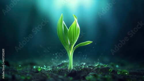 Small green sprout growing from soil in dark forest. 3D rendering generative ai
