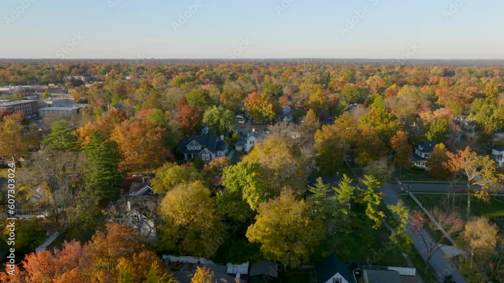 Aerial of Kirkwood neighborhood in Autumn with a tilt down to the street below as cars drive through. Aerial of Kirkwood neighborhood in Autumn with a tilt down to the street below as cars drive through.