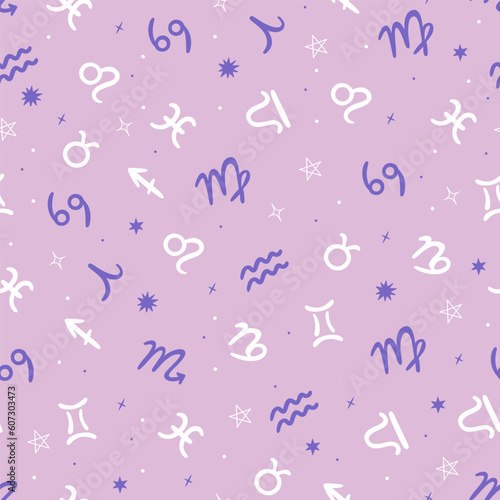 Seamless pattern with zodiac signs on a pink background. Vector graphics.