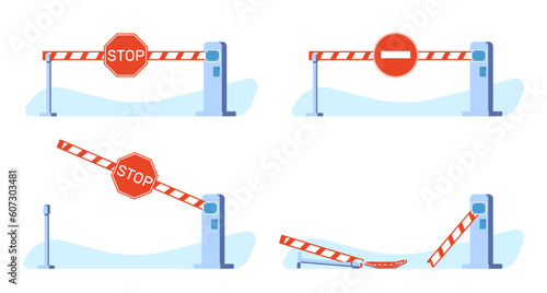 Set of open and closed barriers with stop sign and passage closed. Entrance to private property. Broken gate. Restricted road warning information for driver. Cartoon flat isolated vector set