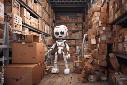 3D rendering of a robot in a warehouse with cardboard boxes Generative AI