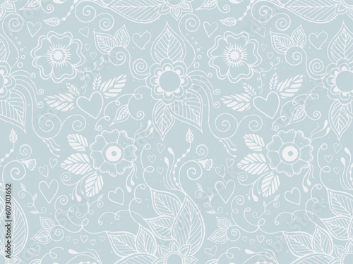 Hand drawn Indian mehndi flowers and hearts with aging effect on light blue background. Seamless pattern vector illustration