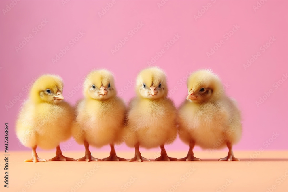 Four small chicks standing in a row, generative ai