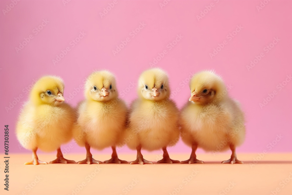 Four small chicks standing in a row, generative ai Four small chicks standing in a row, generative ai