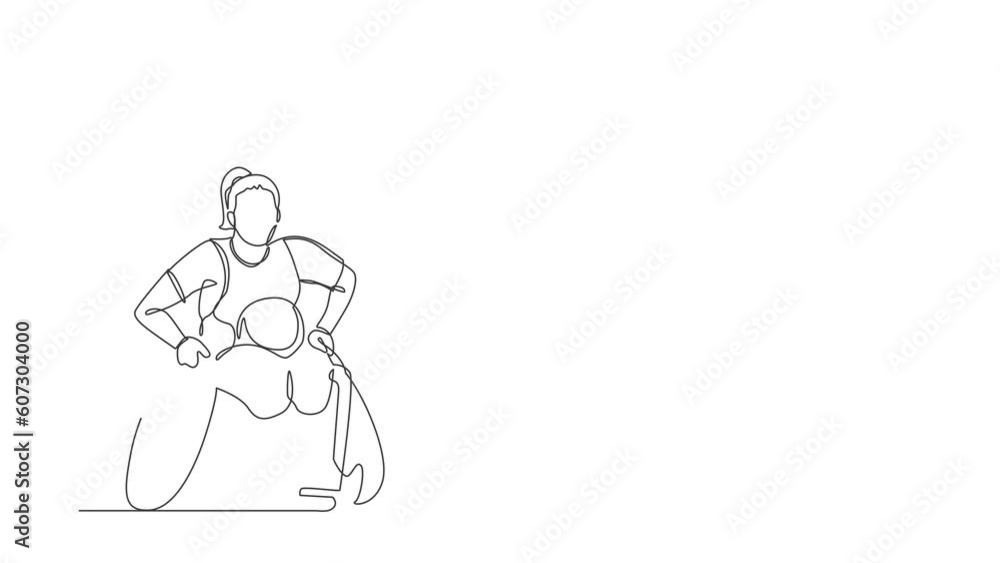 Animated self drawing of single line draw disabled sportswoman play rugby on wheelchair sport. Rugby player in wheelchair. Athlete with physical disorder. Continuous line draw. Full length animated Animated self drawing of single line draw disabled sportswoman play rugby on wheelchair sport. Rugby player in wheelchair. Athlete with physical disorder. Continuous line draw. Full length animated