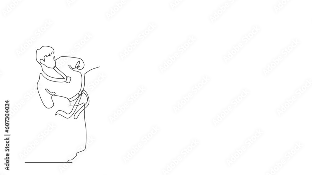 Self drawing animation of single continuous line draw male athlete with disability practicing taekwondo. Sportsman doing kicking pose in sport tournament. Full length one line animation illustration Self drawing animation of single continuous line draw male athlete with disability practicing taekwondo. Sportsman doing kicking pose in sport tournament. Full length one line animation illustration