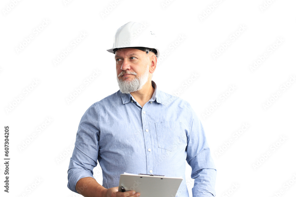 Mature architect wearing hardhat inspecting new building on a transparent background Mature architect wearing hardhat inspecting new building on a transparent background