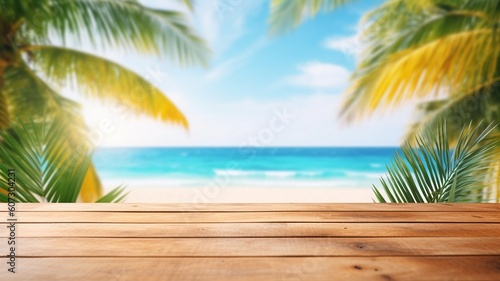 Empty wooden table over blurred sunny tropical beach Generative AI