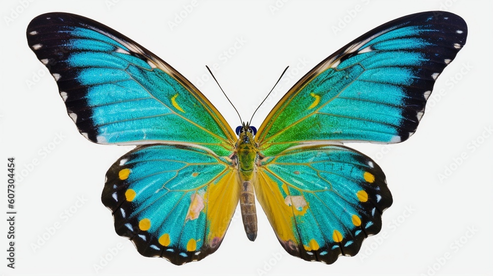 Very beautiful blue yellow green butterfly in flight Generative AI Very beautiful blue yellow green butterfly in flight Generative AI
